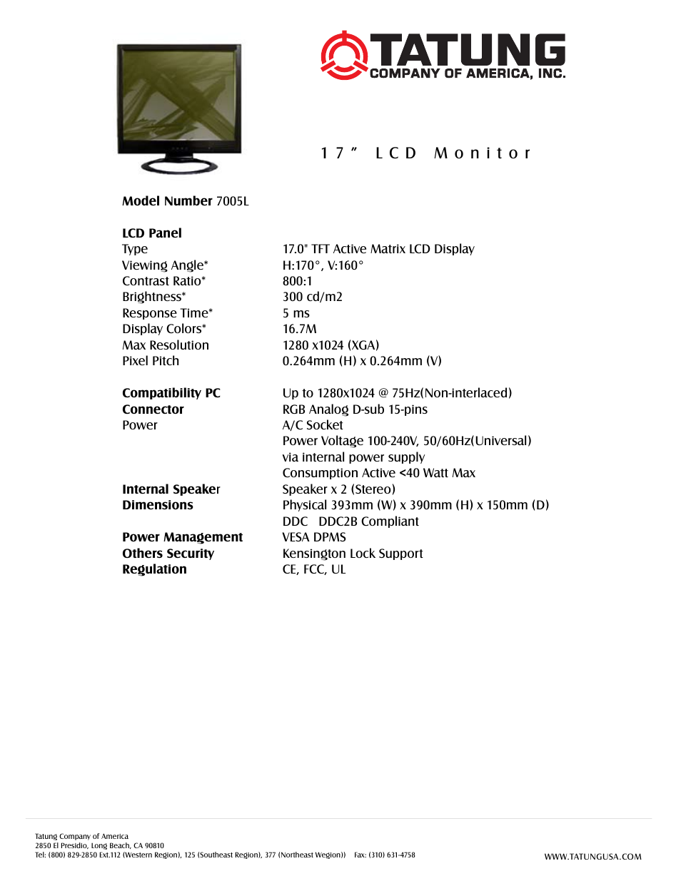 Tatung 7005L User Manual | 1 page