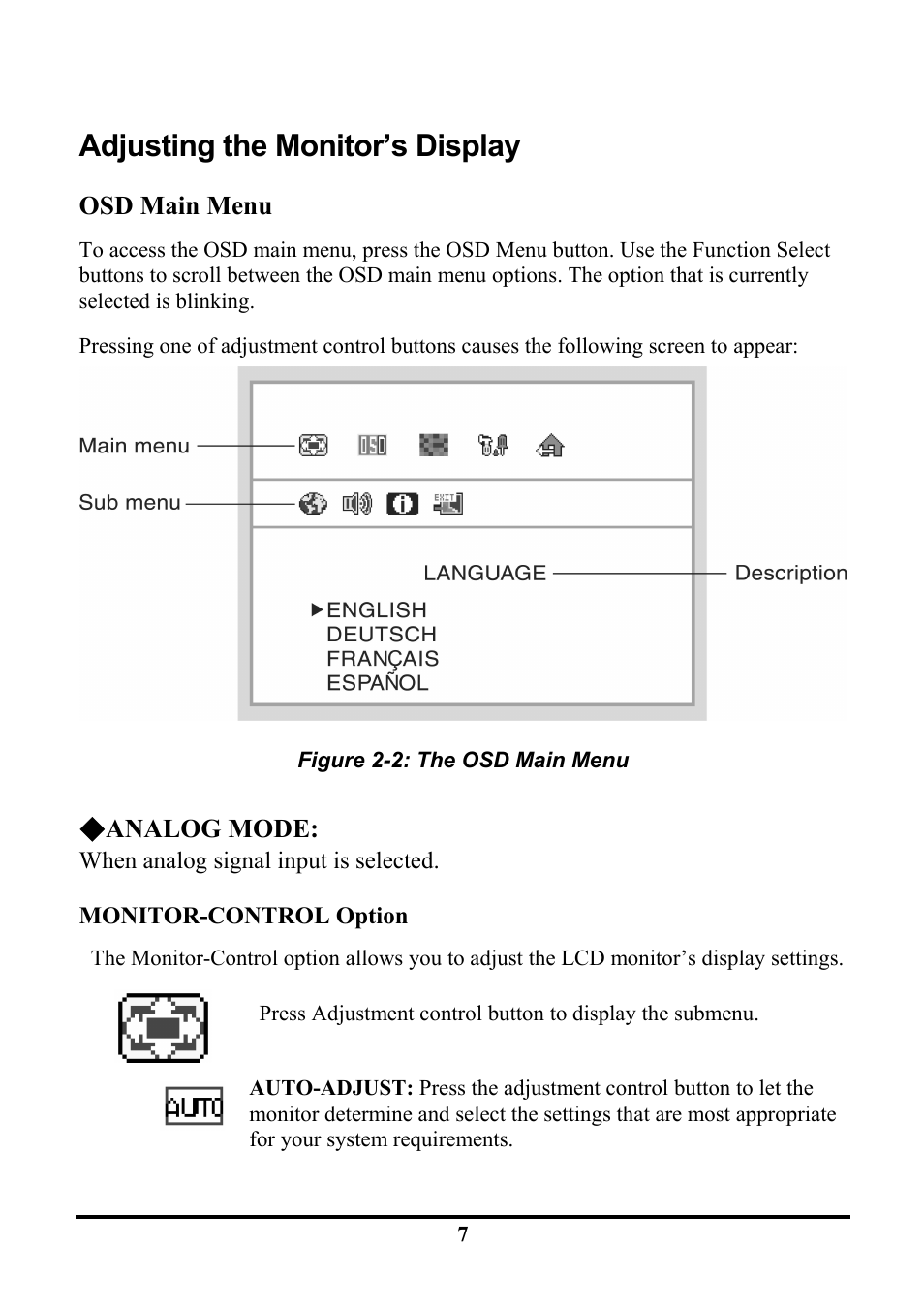 Adjusting the monitor’s display, Osd main menu, Analog mode | Tatung TLM1905 User Manual | Page 13 / 28