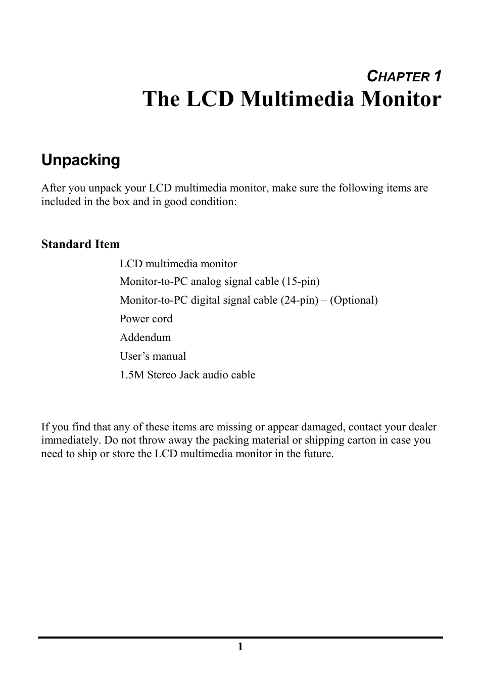 The lcd multimedia monitor, Unpacking | Tatung TLM1905 User Manual | Page 7 / 28