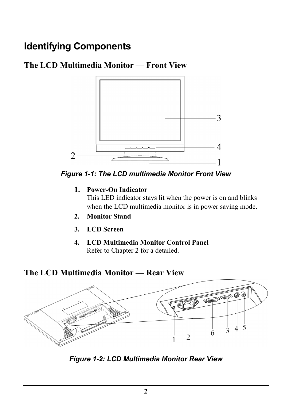 Identifying components, The lcd multimedia monitor — front view, The lcd multimedia monitor — rear view | Tatung TLM1905 User Manual | Page 8 / 28