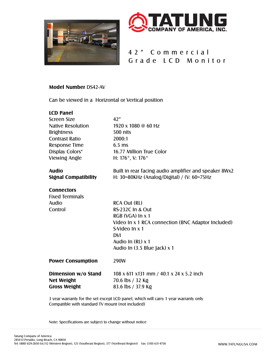 Tatung DS42-AV User Manual | 1 page