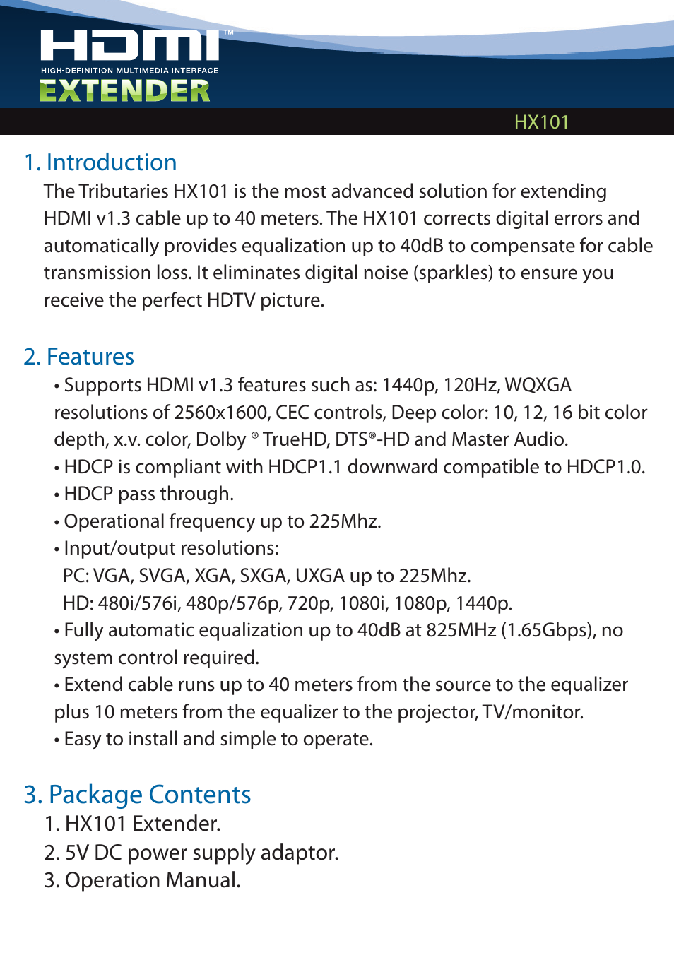 Package contents | Tributaries HDMI HX101 User Manual | Page 2 / 4