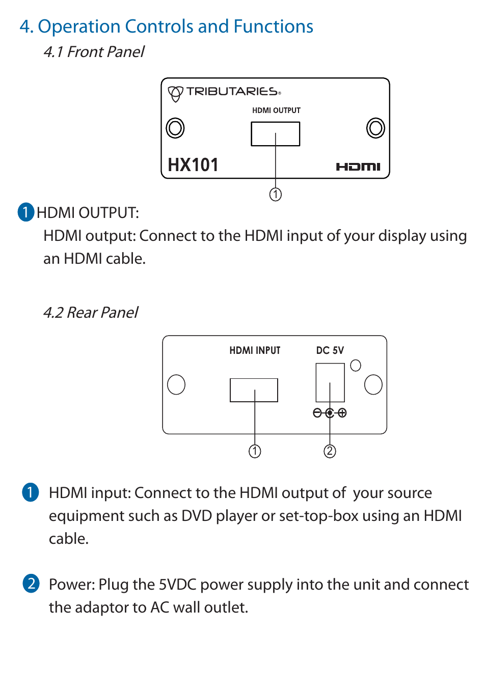 Operation controls and functions | Tributaries HDMI HX101 User Manual | Page 3 / 4