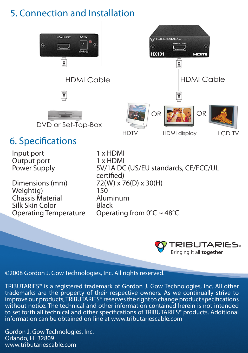 Connection and installation, Specifications | Tributaries HDMI HX101 User Manual | Page 4 / 4