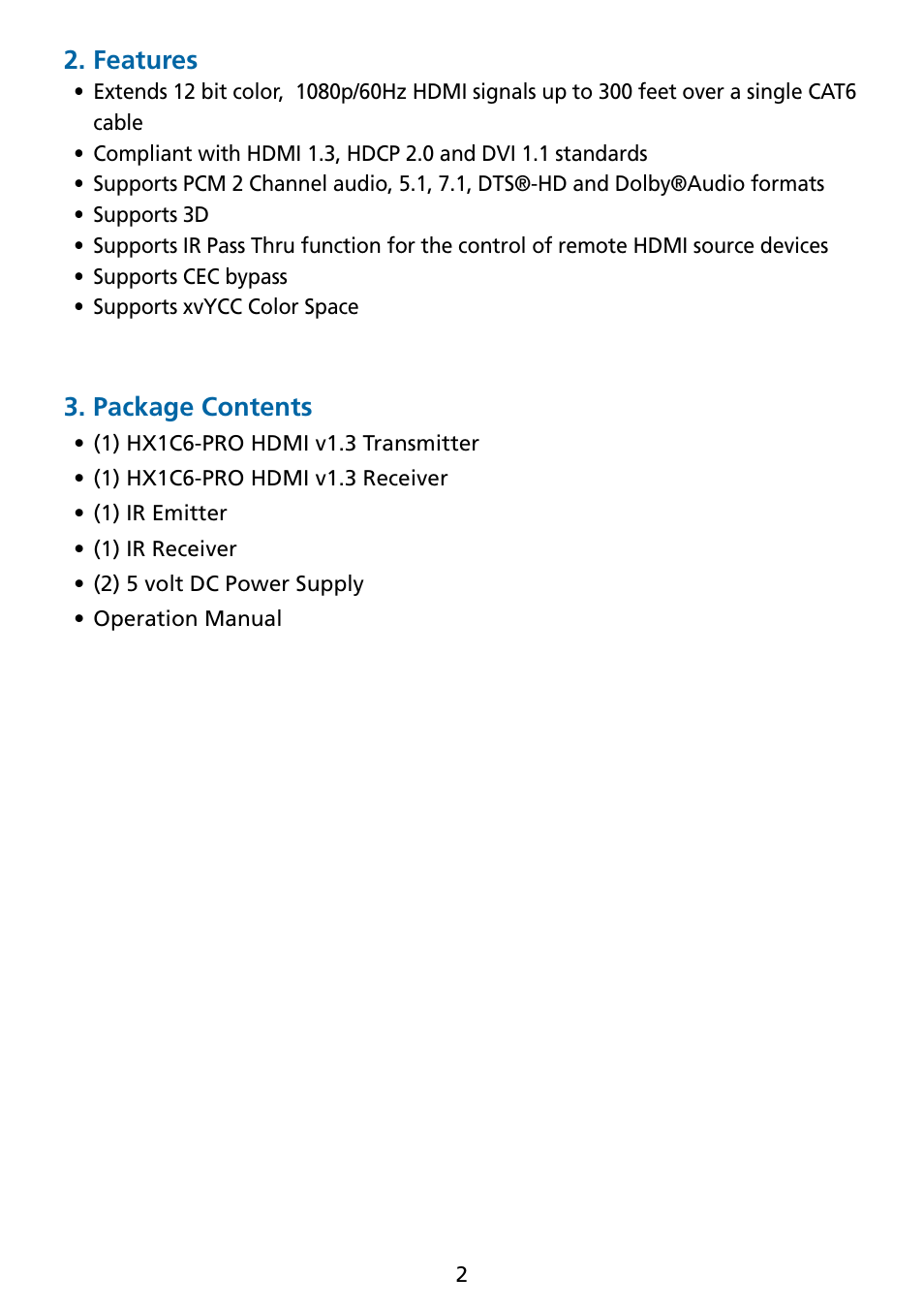 Features, Package contents | Tributaries HDMI HX1C6-PRO User Manual | Page 3 / 8