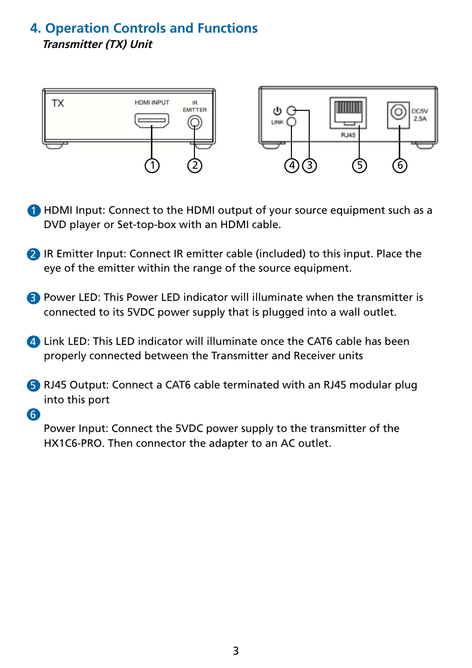 Operation controls and functions | Tributaries HDMI HX1C6-PRO User Manual | Page 4 / 8