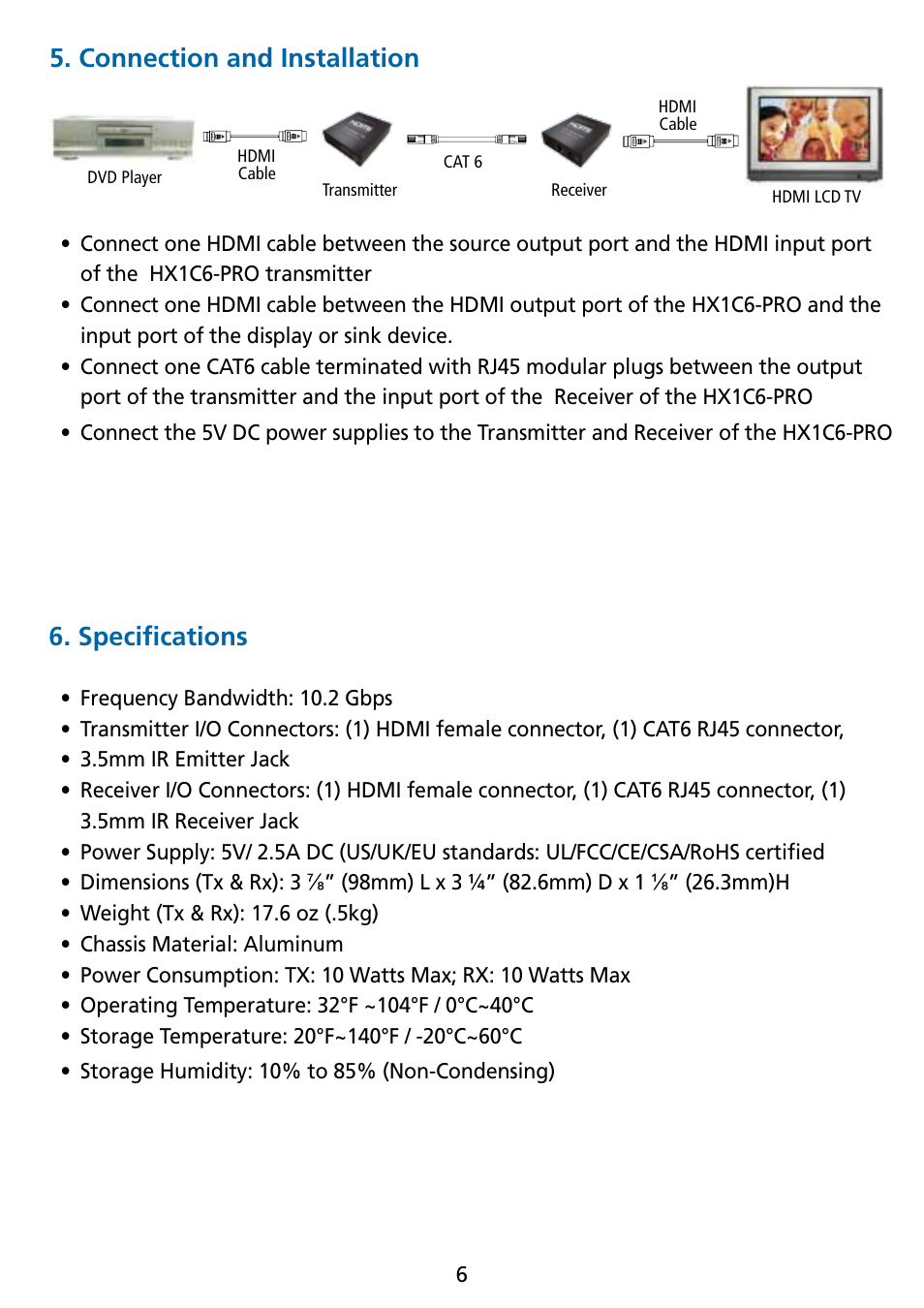 Specifications, Connection and installation, Cat 6 | Tributaries HDMI HX1C6-PRO User Manual | Page 7 / 8