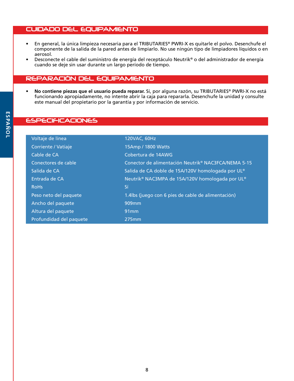 Installation overview, Especificaciones | Tributaries PWRI-X User Manual | Page 10 / 16