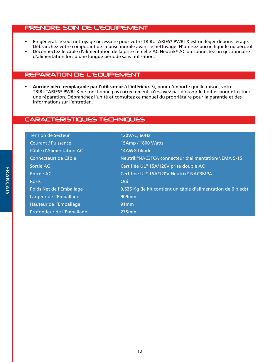 Installation overview, Caracteristiques techniques | Tributaries PWRI-X User Manual | Page 14 / 16