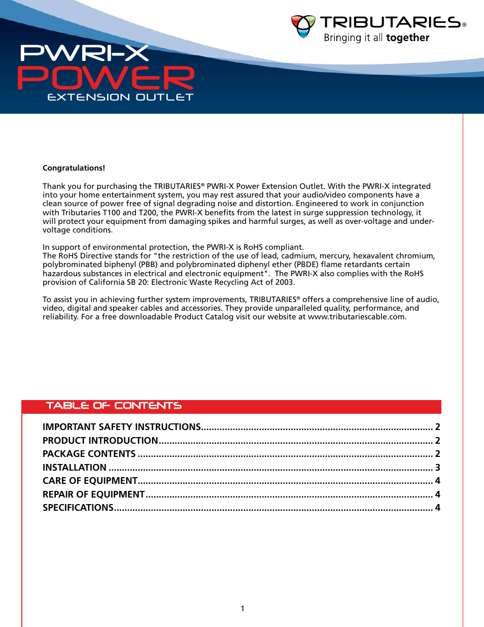 Power, Pwri-x | Tributaries PWRI-X User Manual | Page 3 / 16