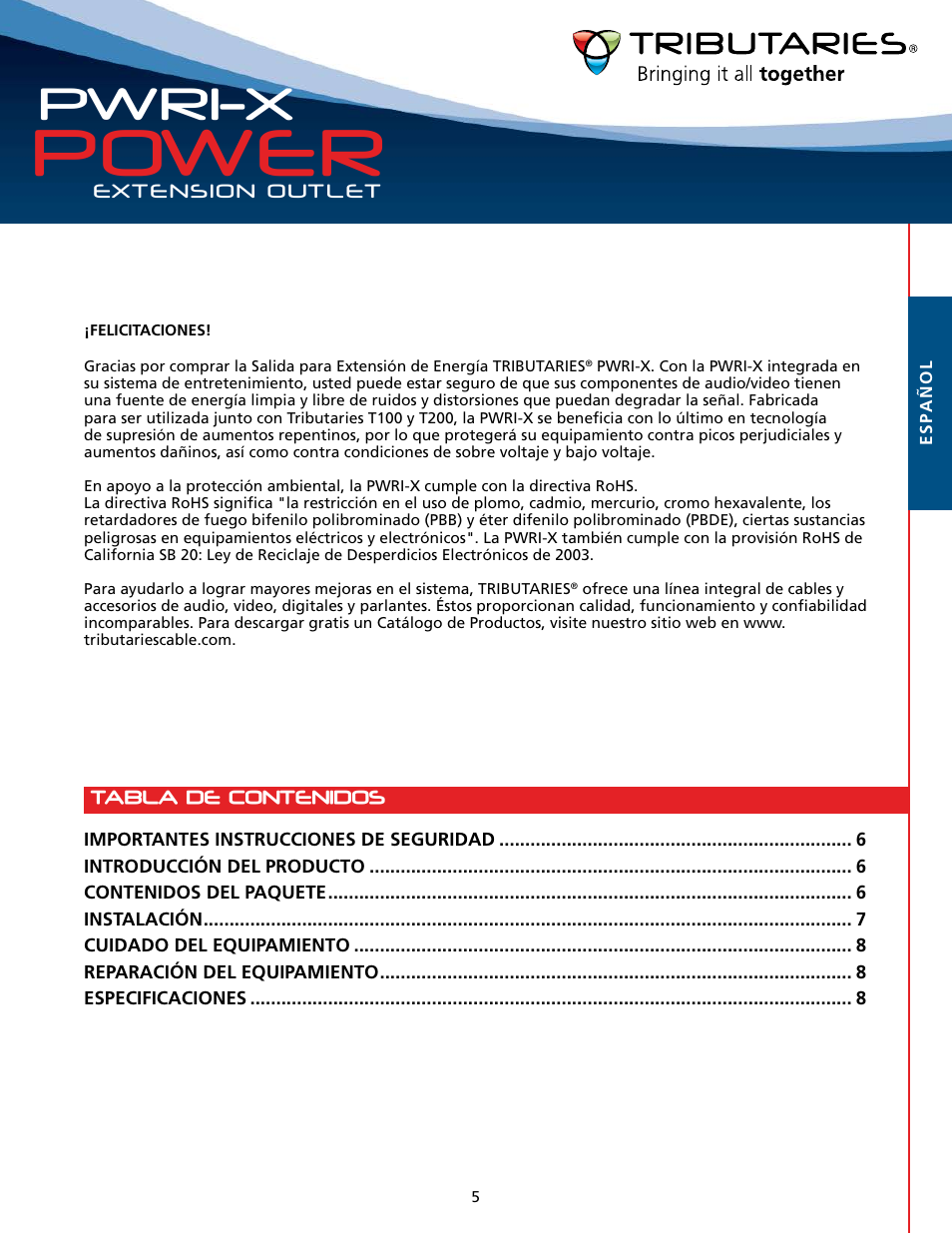 Power, Pwri-x | Tributaries PWRI-X User Manual | Page 7 / 16