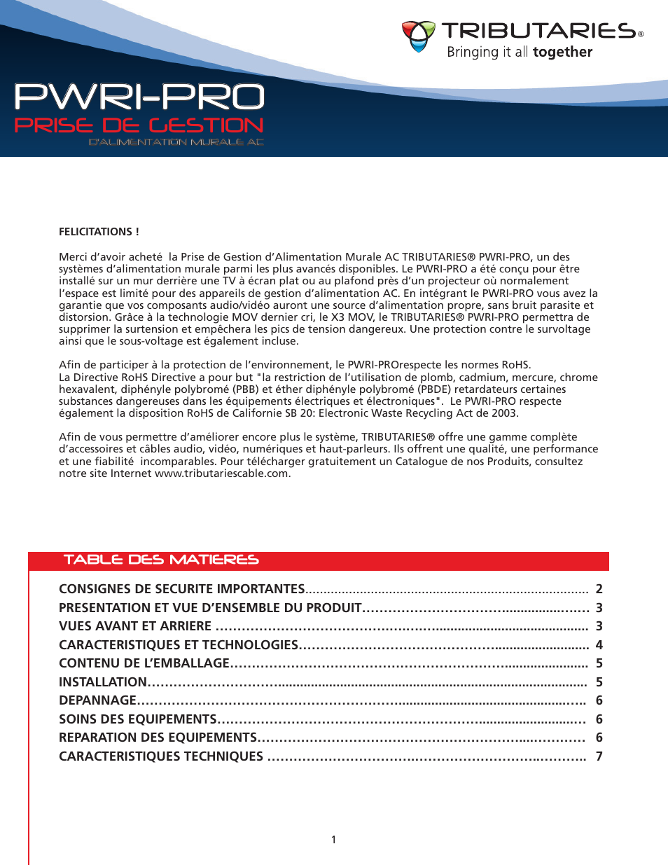 Pwri-pro, Prise de gestion | Tributaries PWRI-PRO User Manual | Page 10 / 24