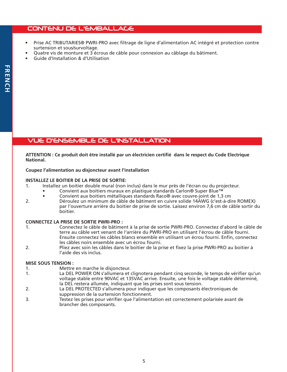 Contenu de l’emballage, Vue d’ensemble de l’installation, French | Tributaries PWRI-PRO User Manual | Page 14 / 24