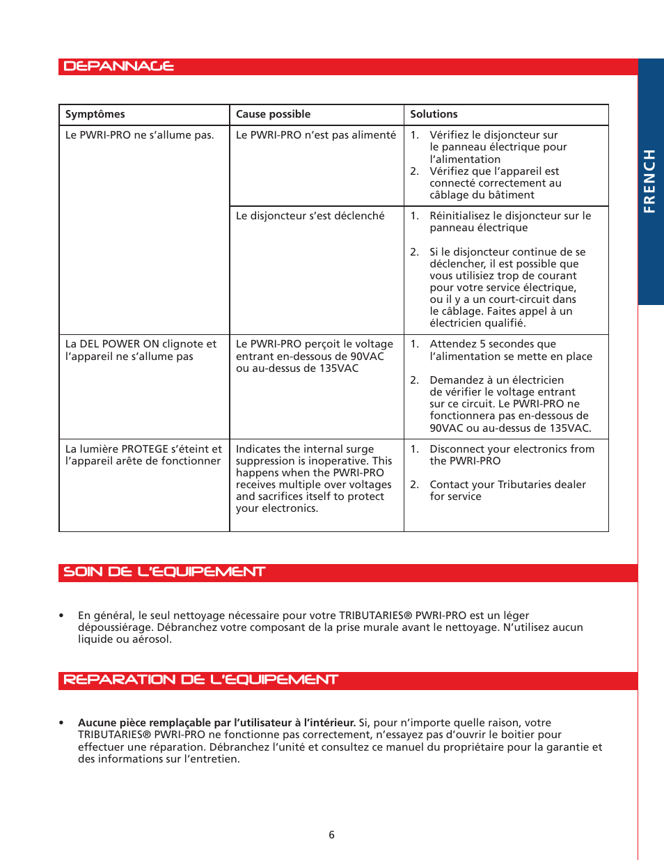 Reparation de l’equipement, Soin de l’equipement, Depannage french | Tributaries PWRI-PRO User Manual | Page 15 / 24