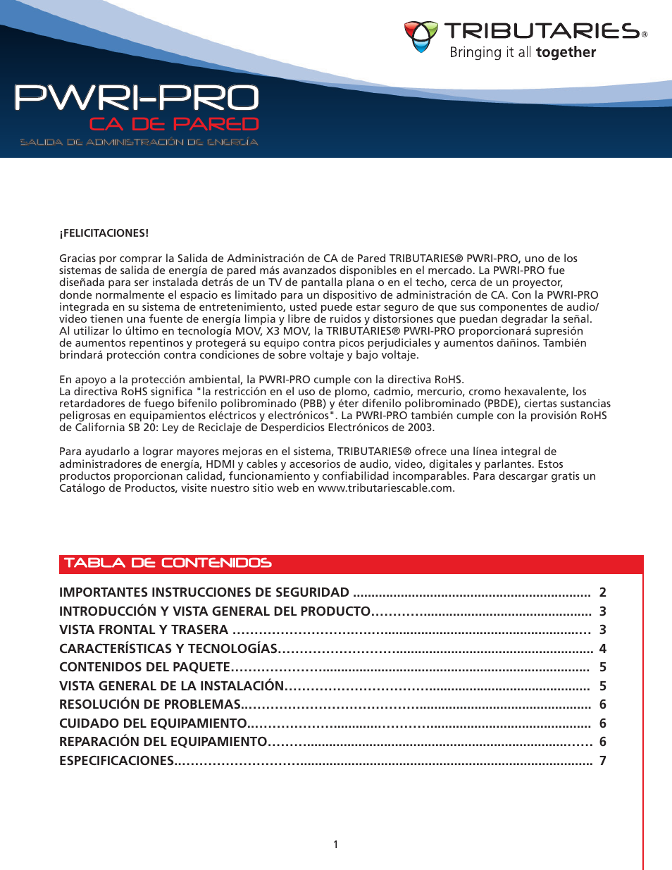 Pwri-pro, Ca de pared | Tributaries PWRI-PRO User Manual | Page 17 / 24