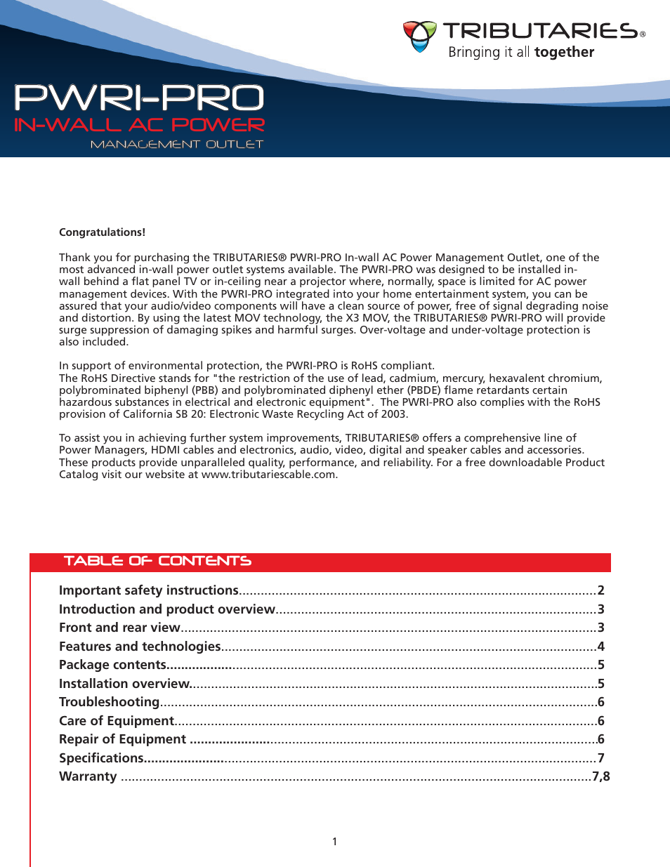 Pwri-pro, In-wall ac power | Tributaries PWRI-PRO User Manual | Page 2 / 24