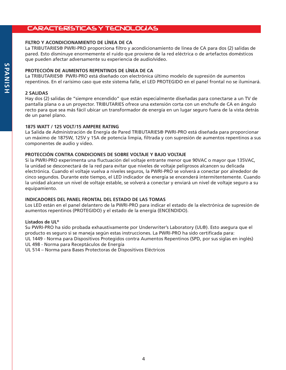 Características y tecnologías sp anish | Tributaries PWRI-PRO User Manual | Page 20 / 24