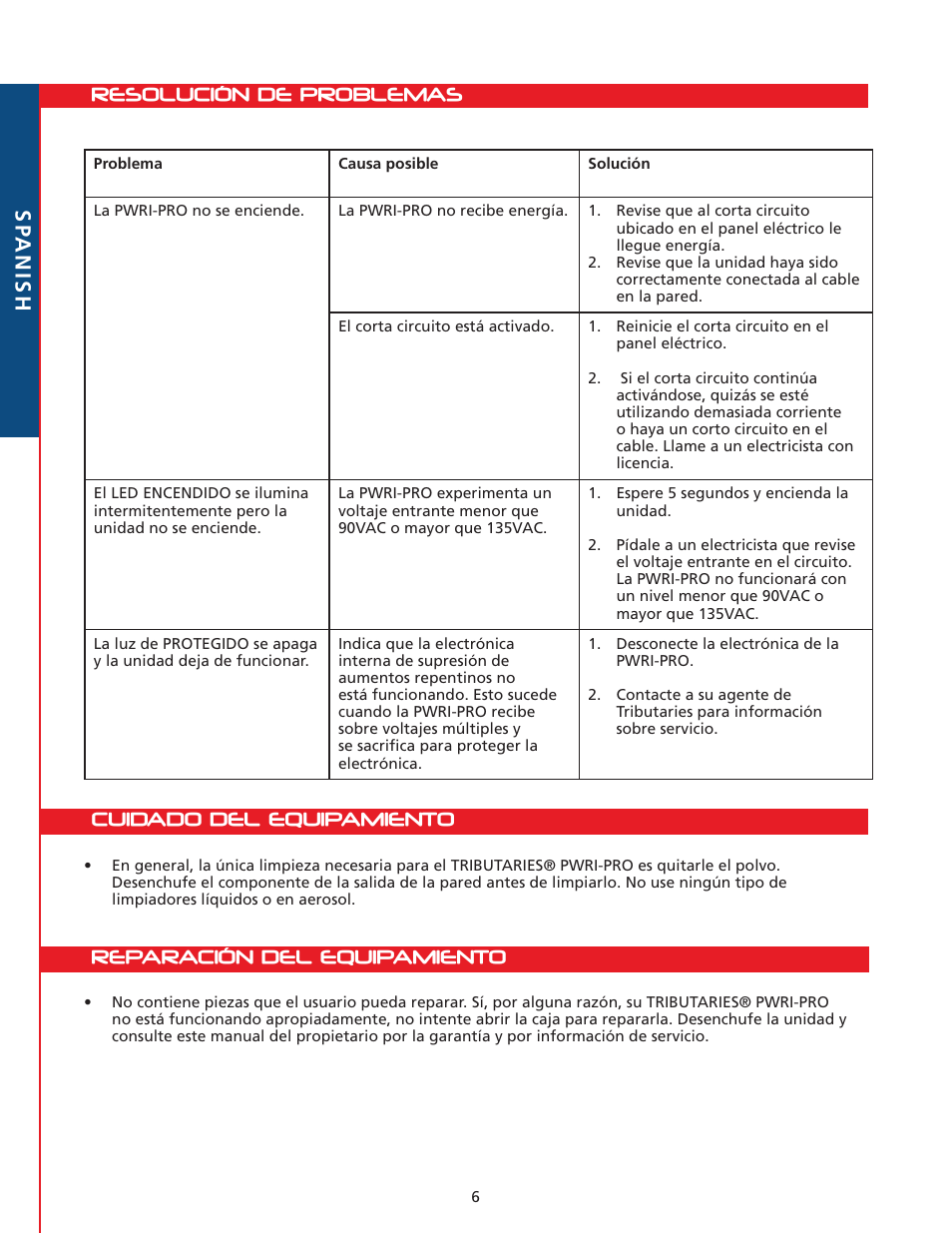 Reparación del equipamiento, Cuidado del equipamiento, Resolución de problemas sp anish | Tributaries PWRI-PRO User Manual | Page 22 / 24