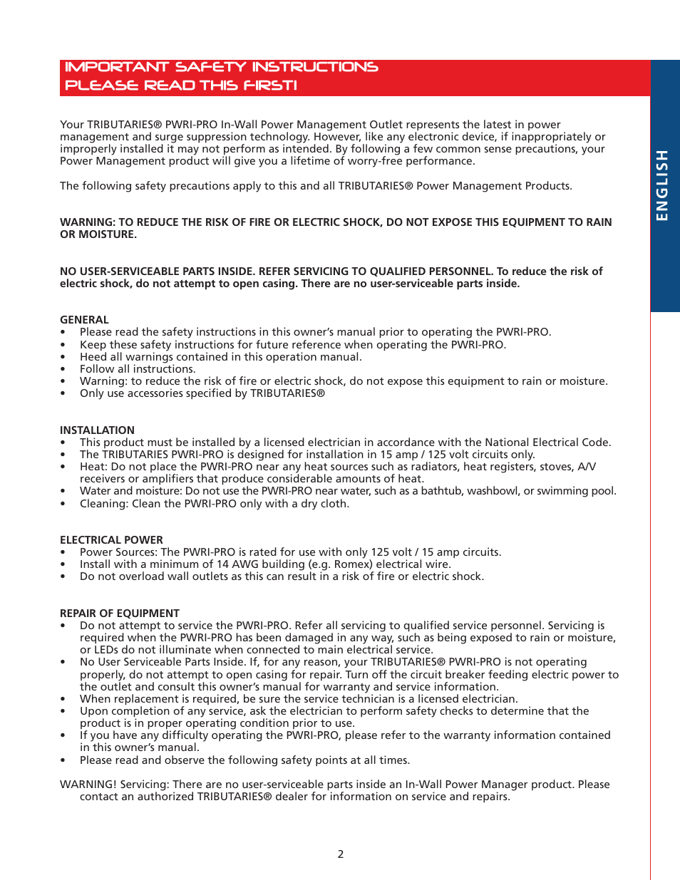 Tributaries PWRI-PRO User Manual | Page 3 / 24