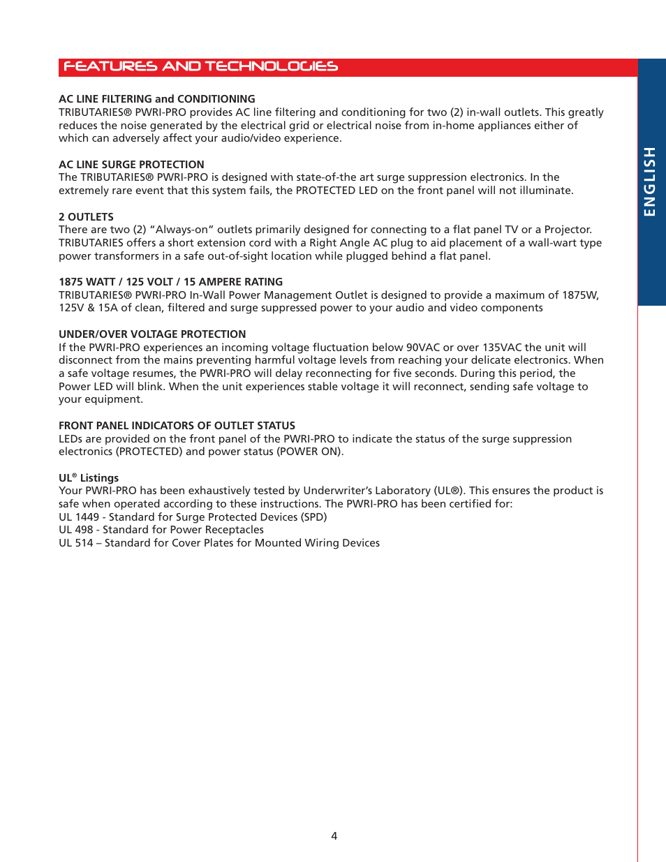 Features and technologies english | Tributaries PWRI-PRO User Manual | Page 5 / 24