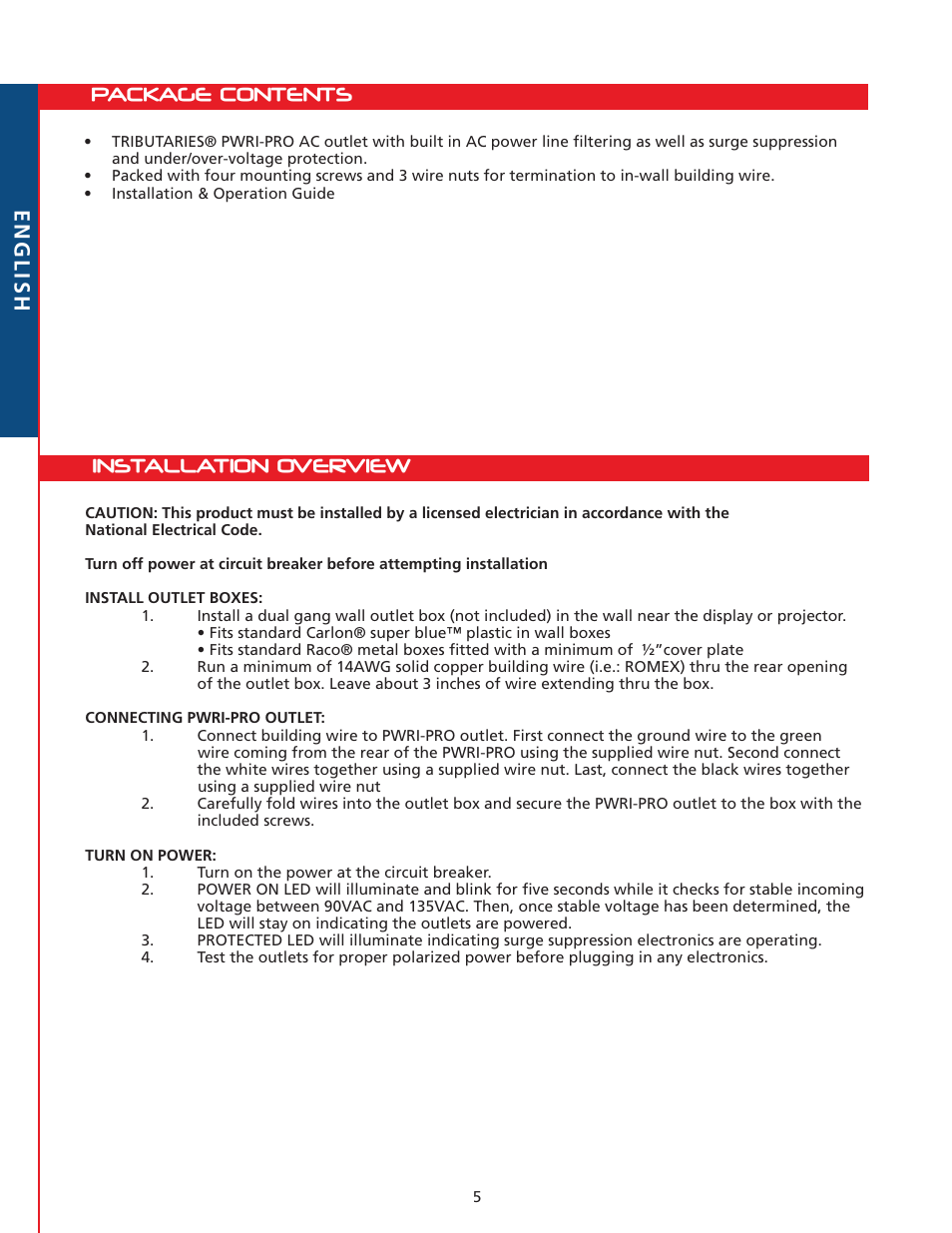 Package contents, Installation overview, English | Tributaries PWRI-PRO User Manual | Page 6 / 24