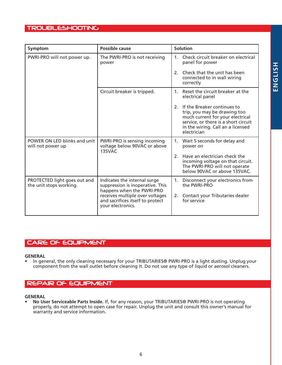 Repair of equipment, Care of equipment, Troubleshooting english | Tributaries PWRI-PRO User Manual | Page 7 / 24