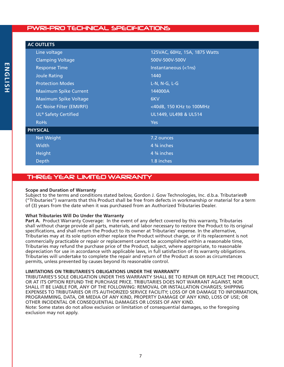 Pwri-pro technical specifications, Three year limited warranty english | Tributaries PWRI-PRO User Manual | Page 8 / 24