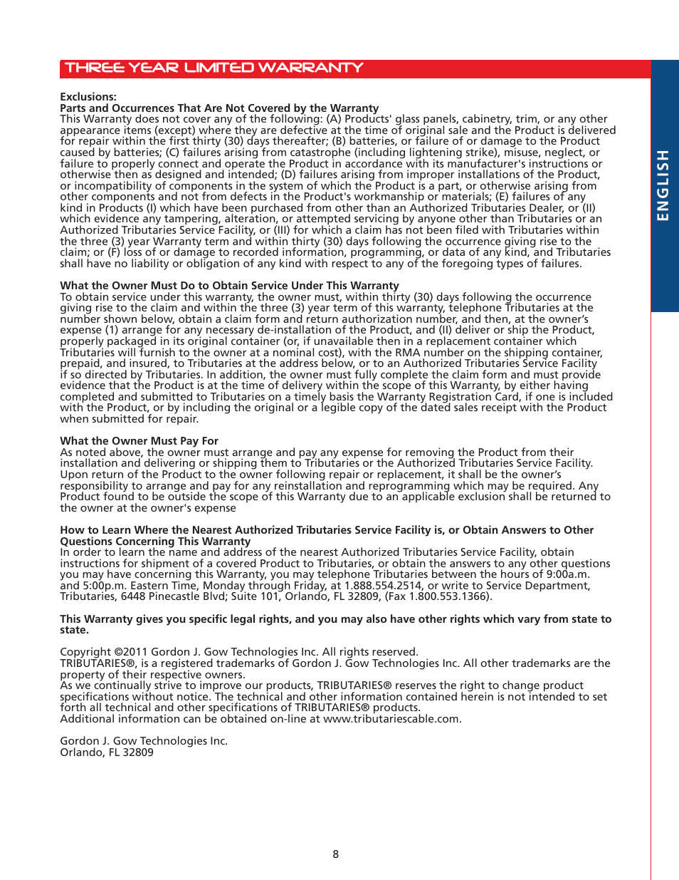 Three year limited warranty english | Tributaries PWRI-PRO User Manual | Page 9 / 24