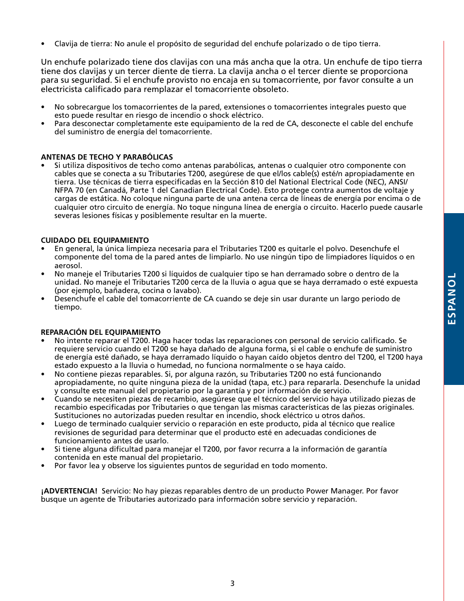 Esp anol | Tributaries T200 User Manual | Page 17 / 40