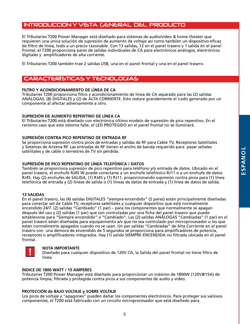 Esp anol | Tributaries T200 User Manual | Page 19 / 40
