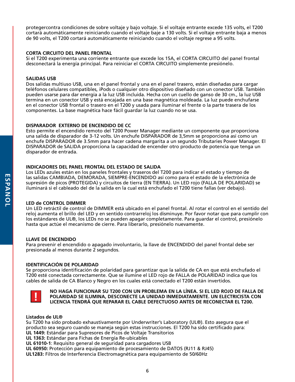 Esp anol | Tributaries T200 User Manual | Page 20 / 40