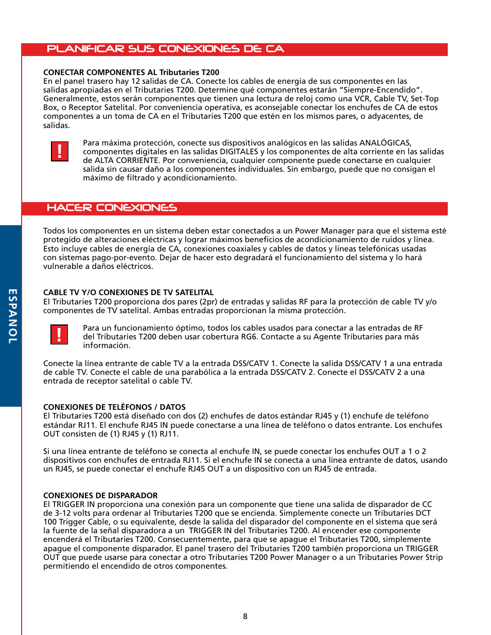 Hacer conexiones, Planificar sus conexiones de ca, Esp anol | Tributaries T200 User Manual | Page 22 / 40