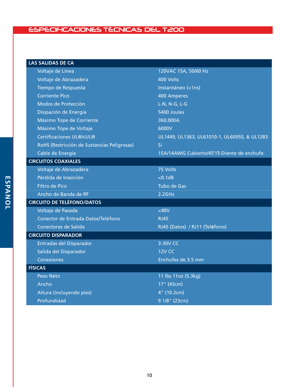 Especificaciones técnicas del t200 esp anol | Tributaries T200 User Manual | Page 24 / 40