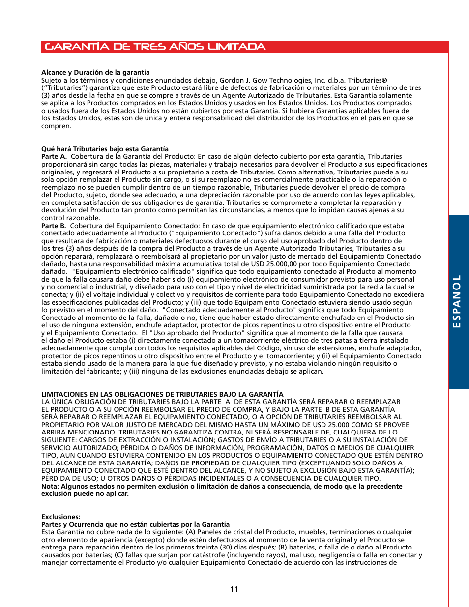 Garantía de tres años limitada esp anol | Tributaries T200 User Manual | Page 25 / 40