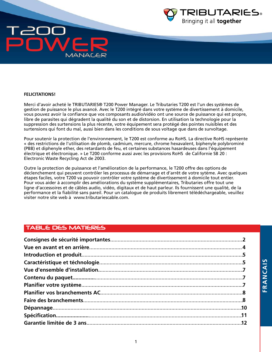 Table des matieres francais | Tributaries T200 User Manual | Page 27 / 40