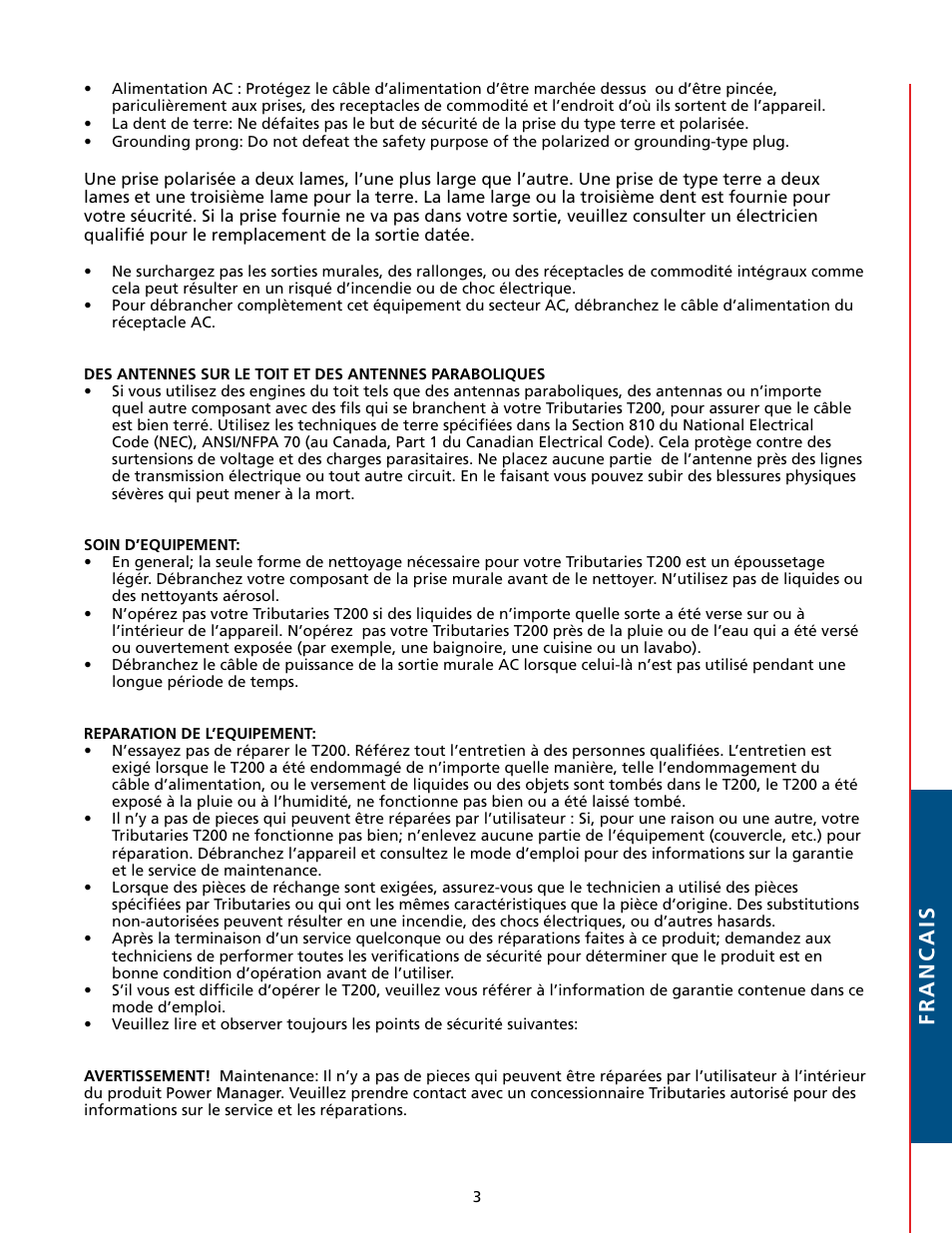 Francais | Tributaries T200 User Manual | Page 29 / 40