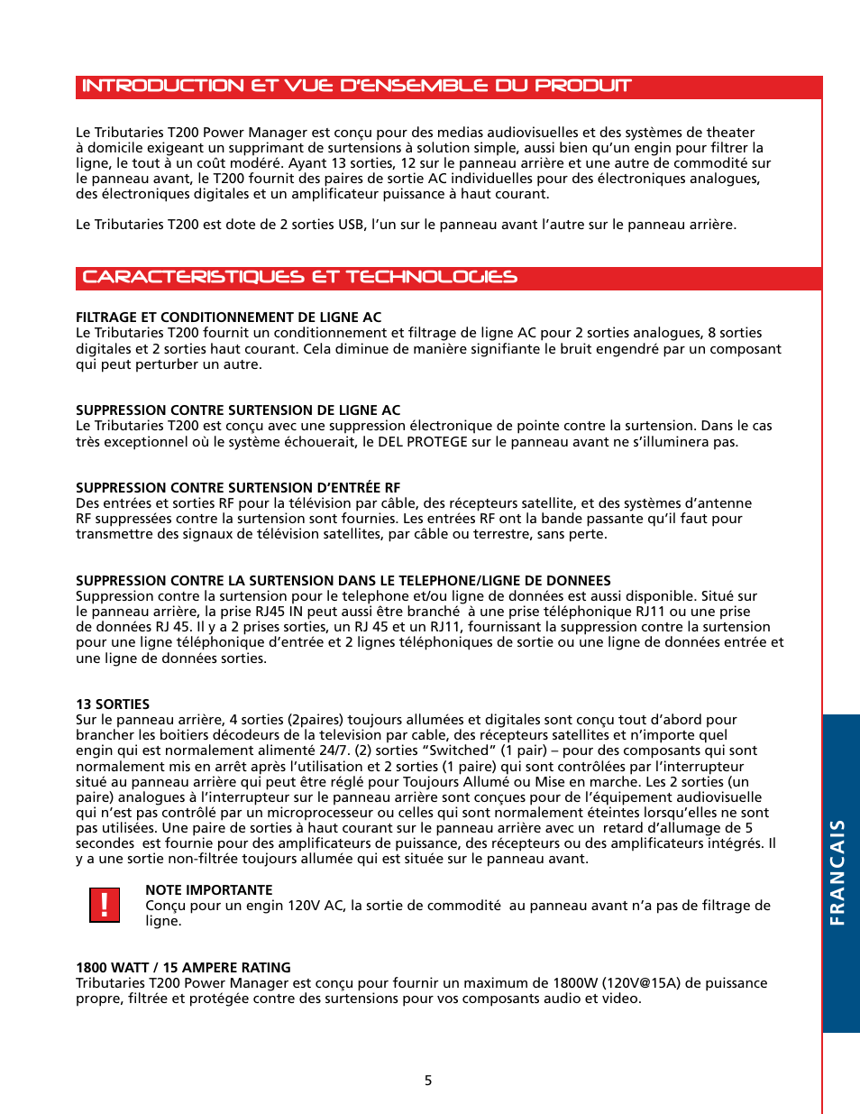 Francais | Tributaries T200 User Manual | Page 31 / 40
