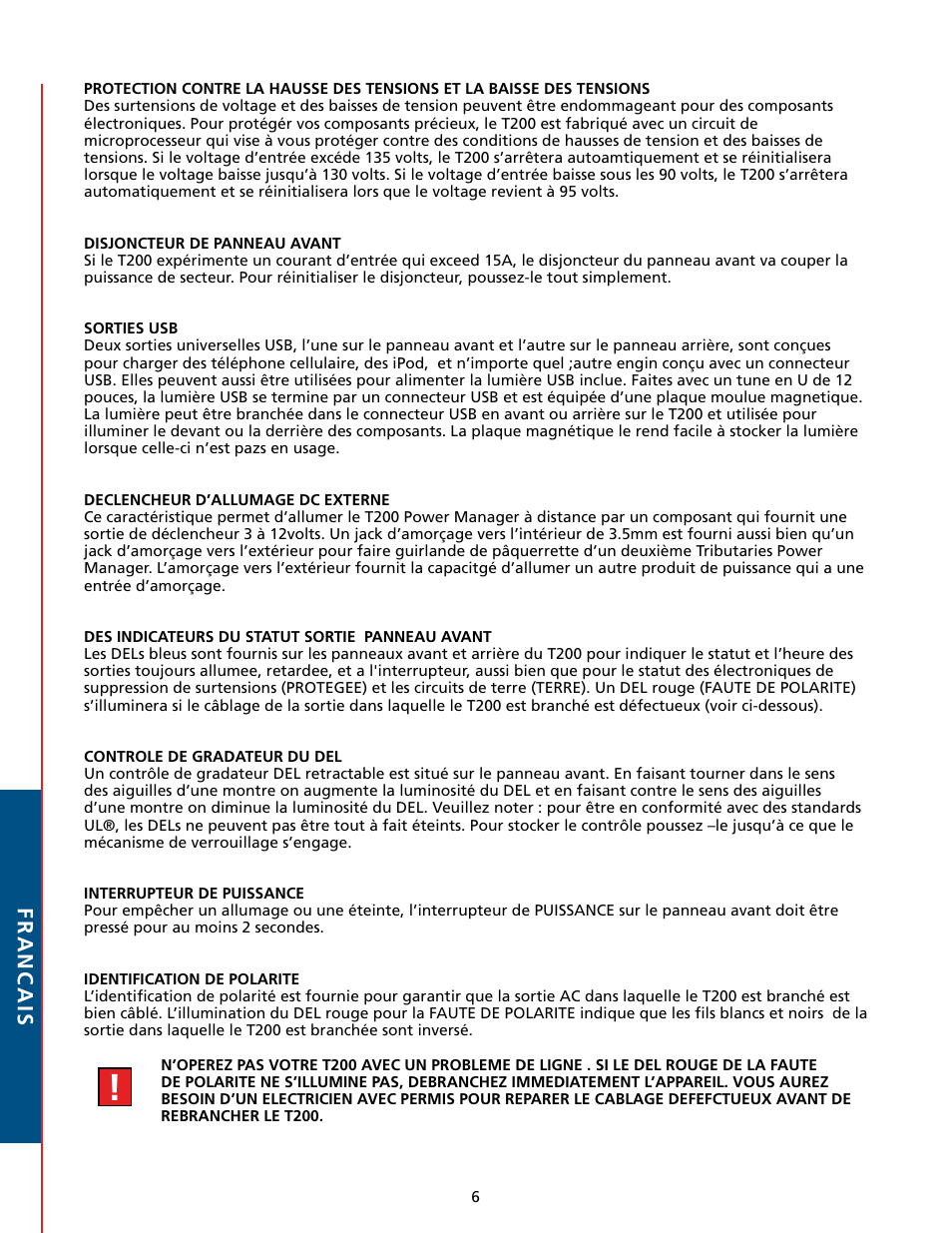 Francais | Tributaries T200 User Manual | Page 32 / 40