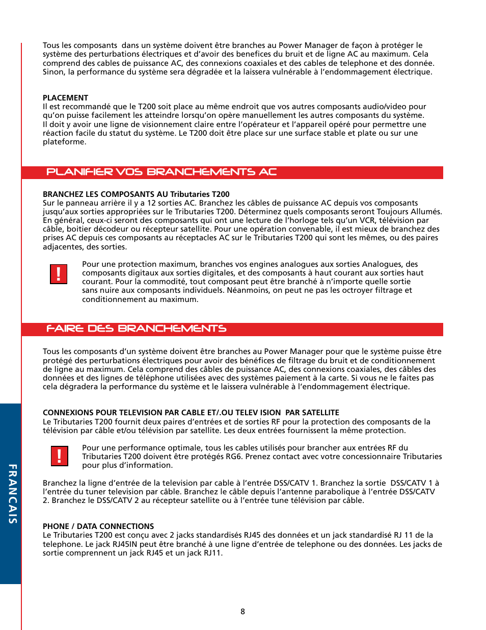 Faire des branchements, Planifier vos branchements ac, Francais | Tributaries T200 User Manual | Page 34 / 40