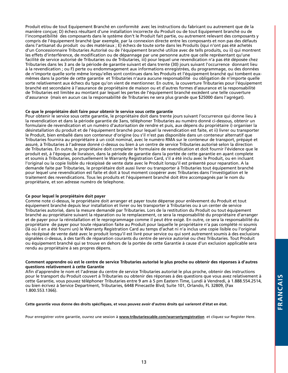 Francais | Tributaries T200 User Manual | Page 39 / 40
