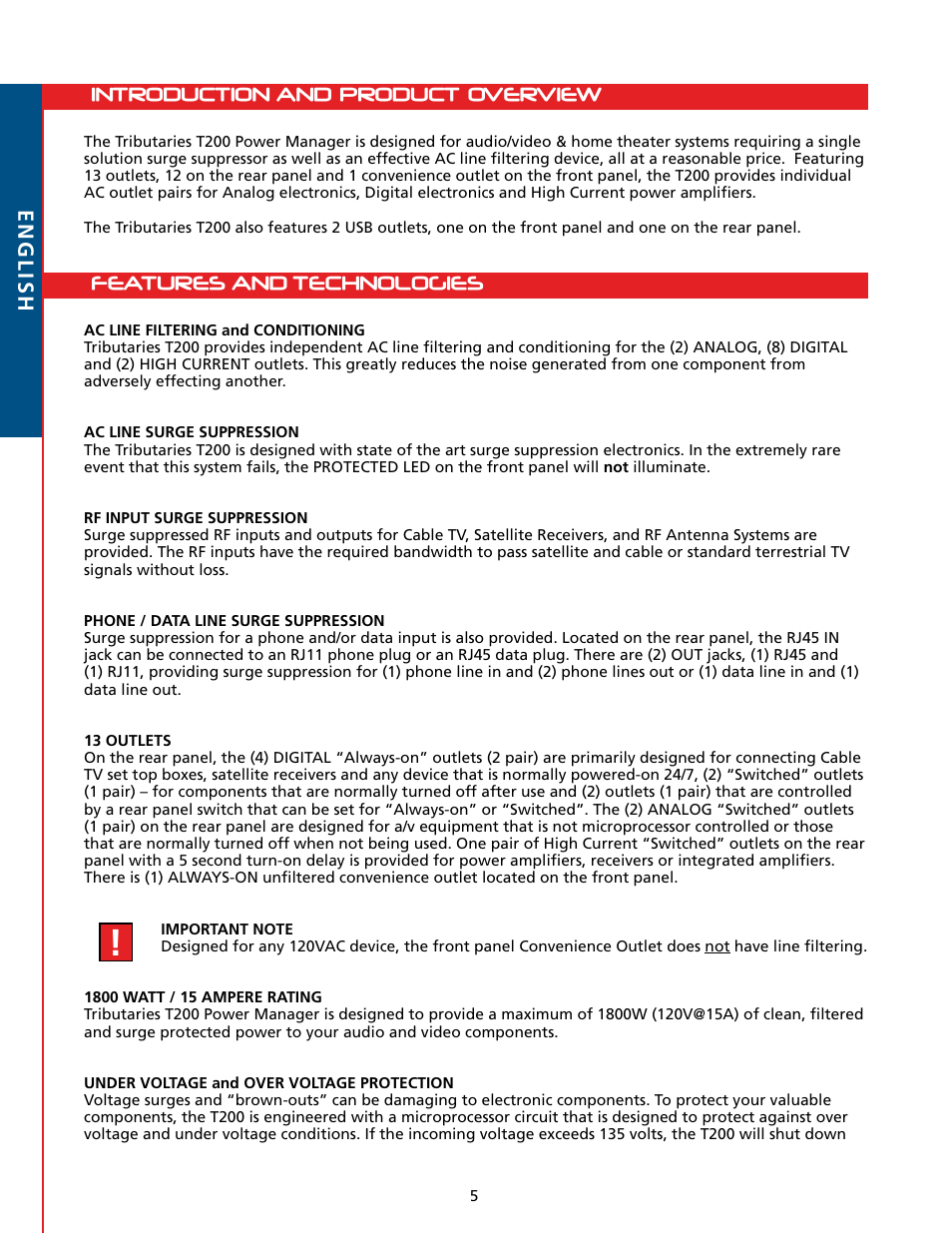 English | Tributaries T200 User Manual | Page 6 / 40