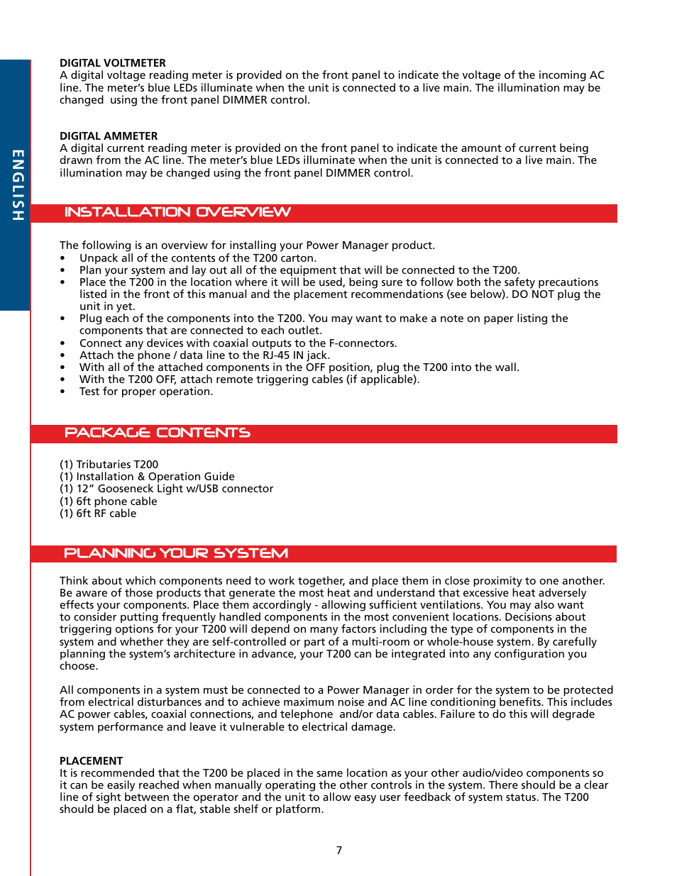 Installation overview, Package contents planning your system e nglish | Tributaries T200 User Manual | Page 8 / 40