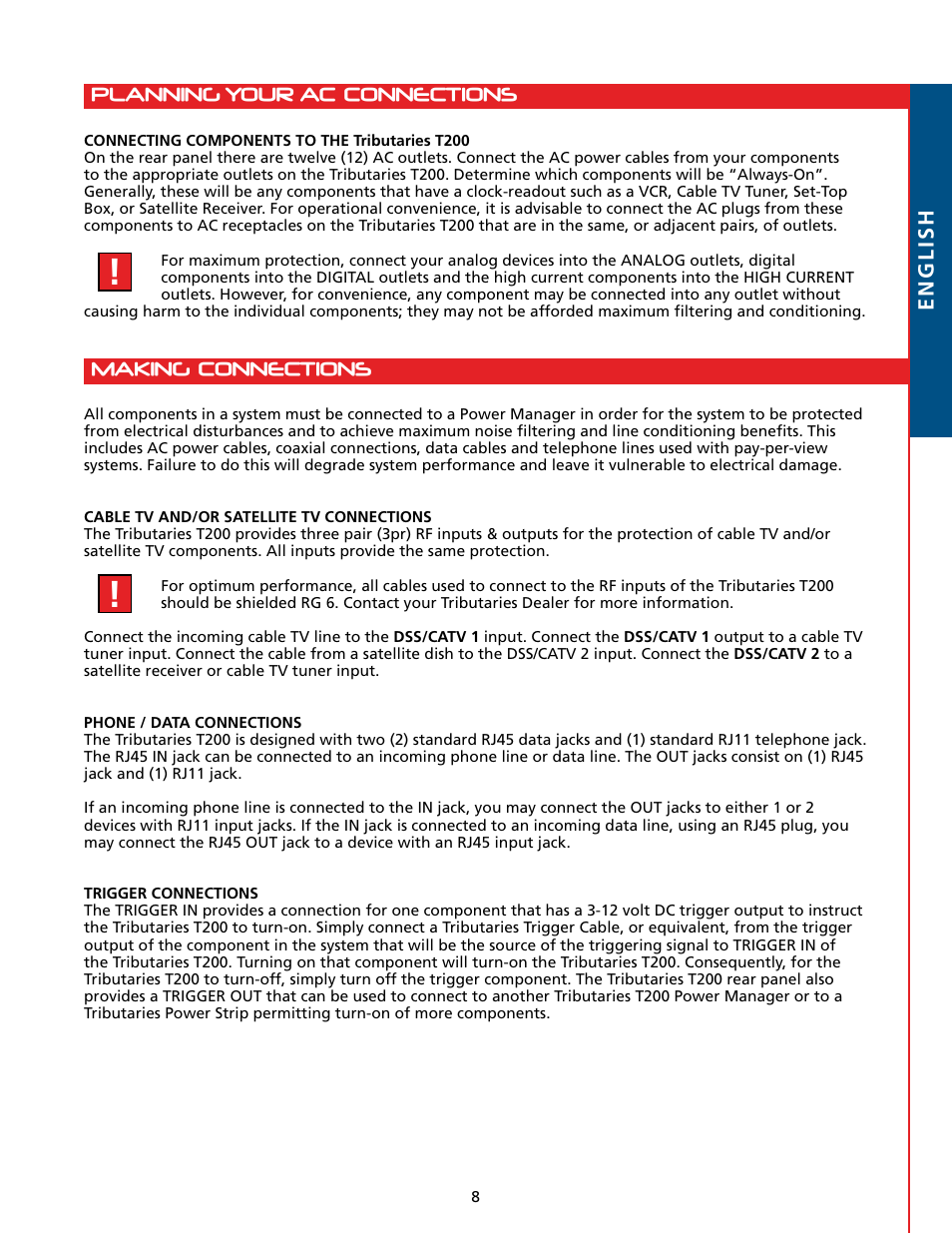 Making connections, Planning your ac connections, English | Tributaries T200 User Manual | Page 9 / 40