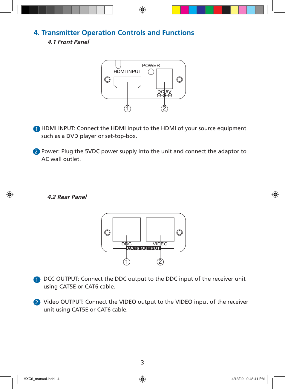 Transmitter operation controls and functions | Tributaries HDMI HXC6 User Manual | Page 4 / 8
