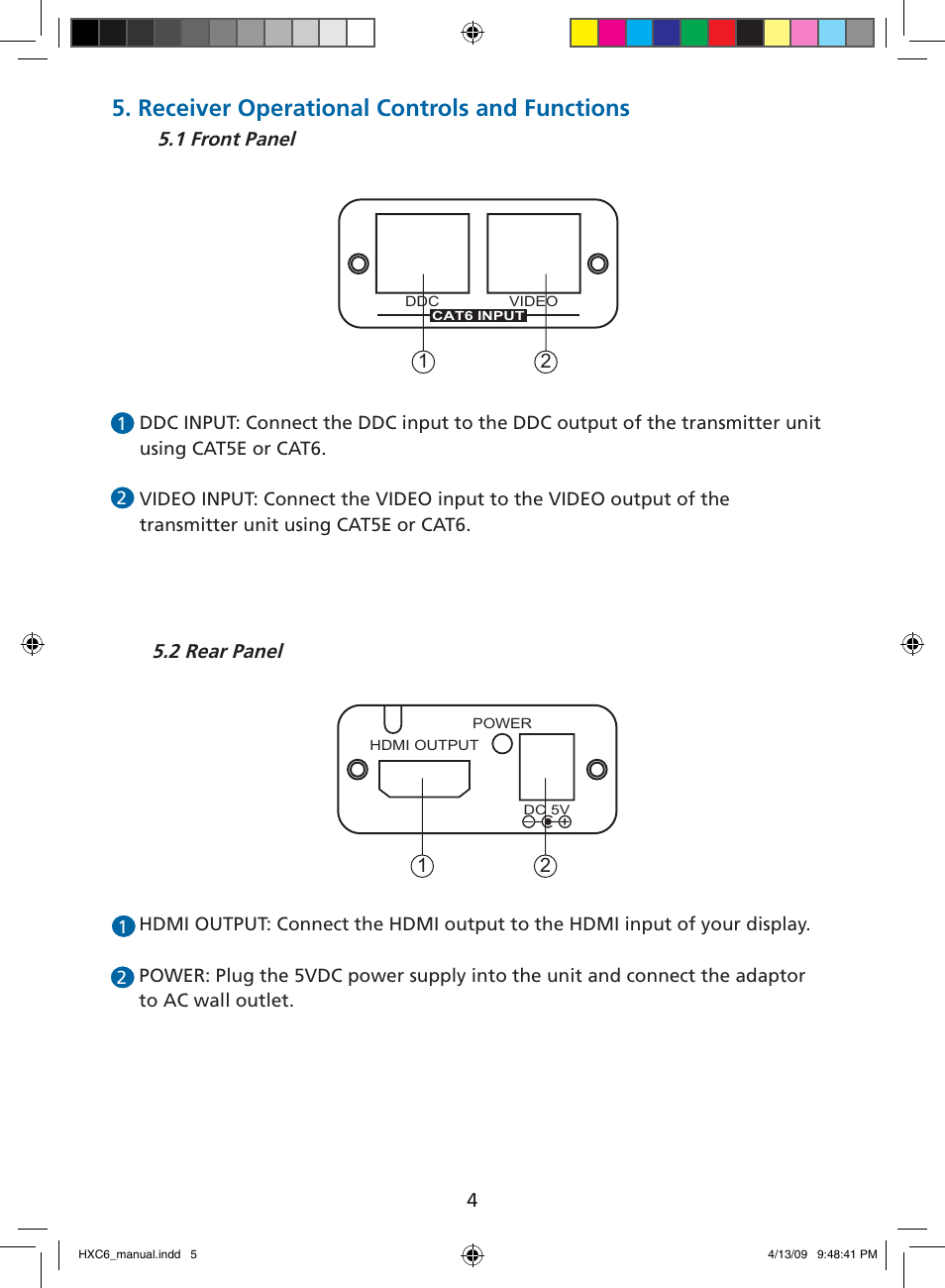 Receiver operational controls and functions | Tributaries HDMI HXC6 User Manual | Page 5 / 8