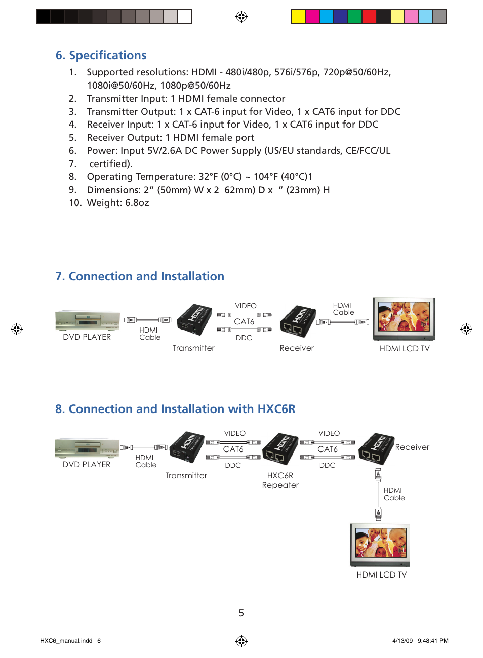 Specifications, Hdmi lcd tv transmitter receiver dvd player, Cat6 | Cat6 hxc6r repeater | Tributaries HDMI HXC6 User Manual | Page 6 / 8