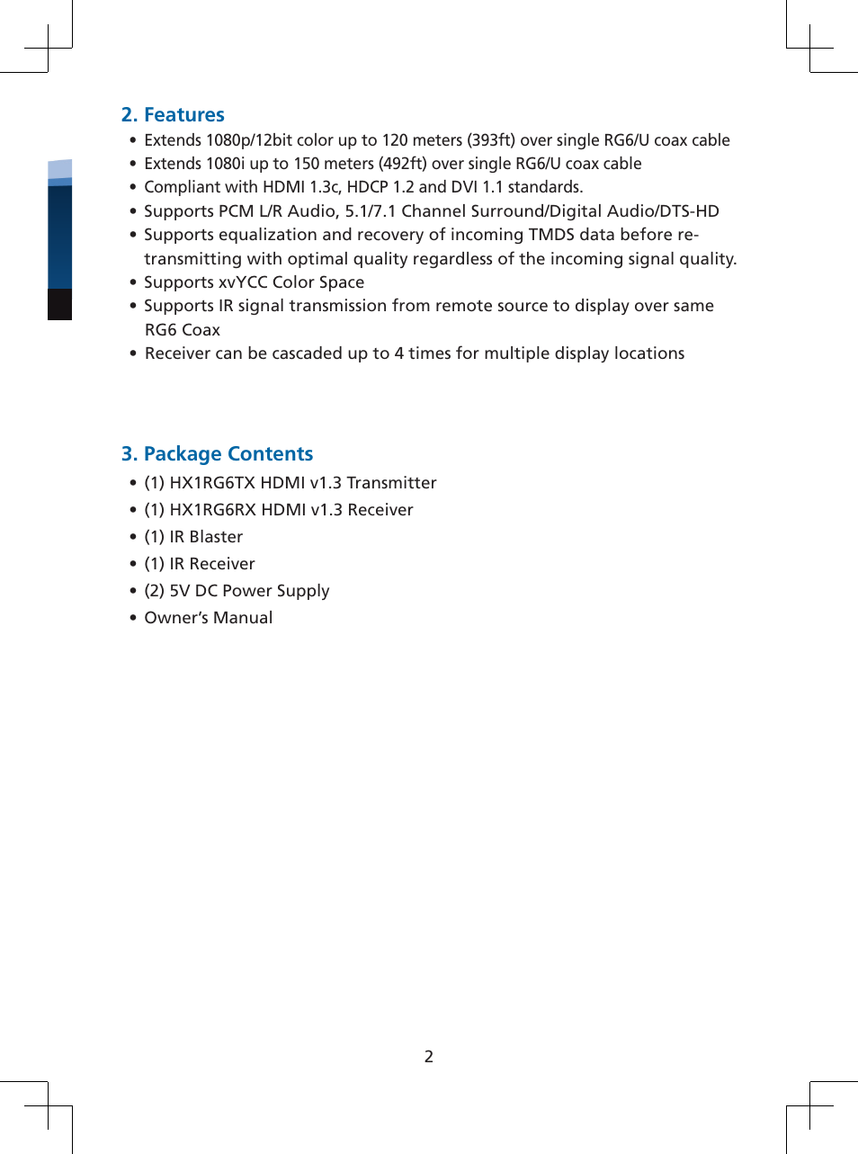 Features, Package contents | Tributaries HX1RG6 User Manual | Page 3 / 8
