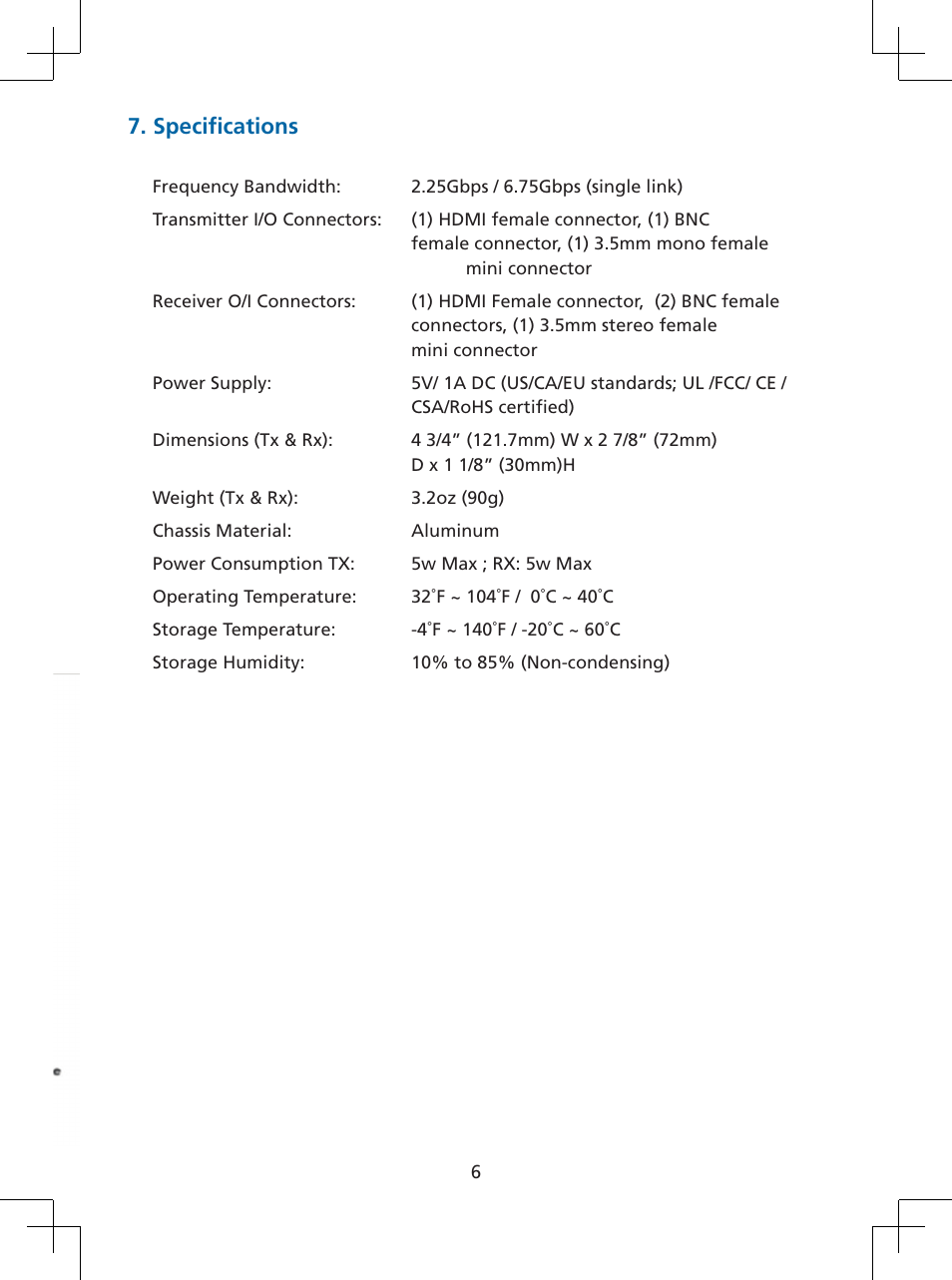 Specifications | Tributaries HX1RG6 User Manual | Page 7 / 8