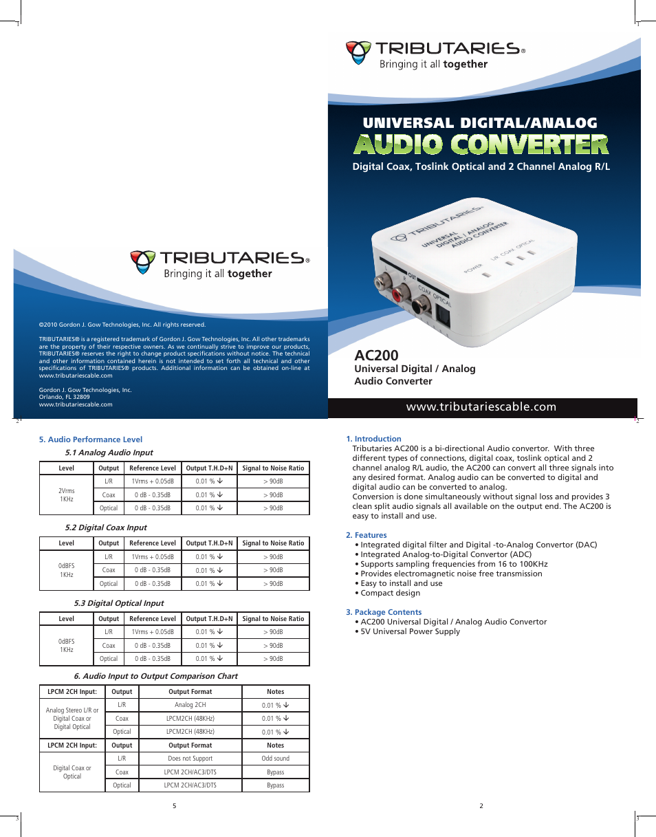 Tributaries AC200 User Manual | 2 pages