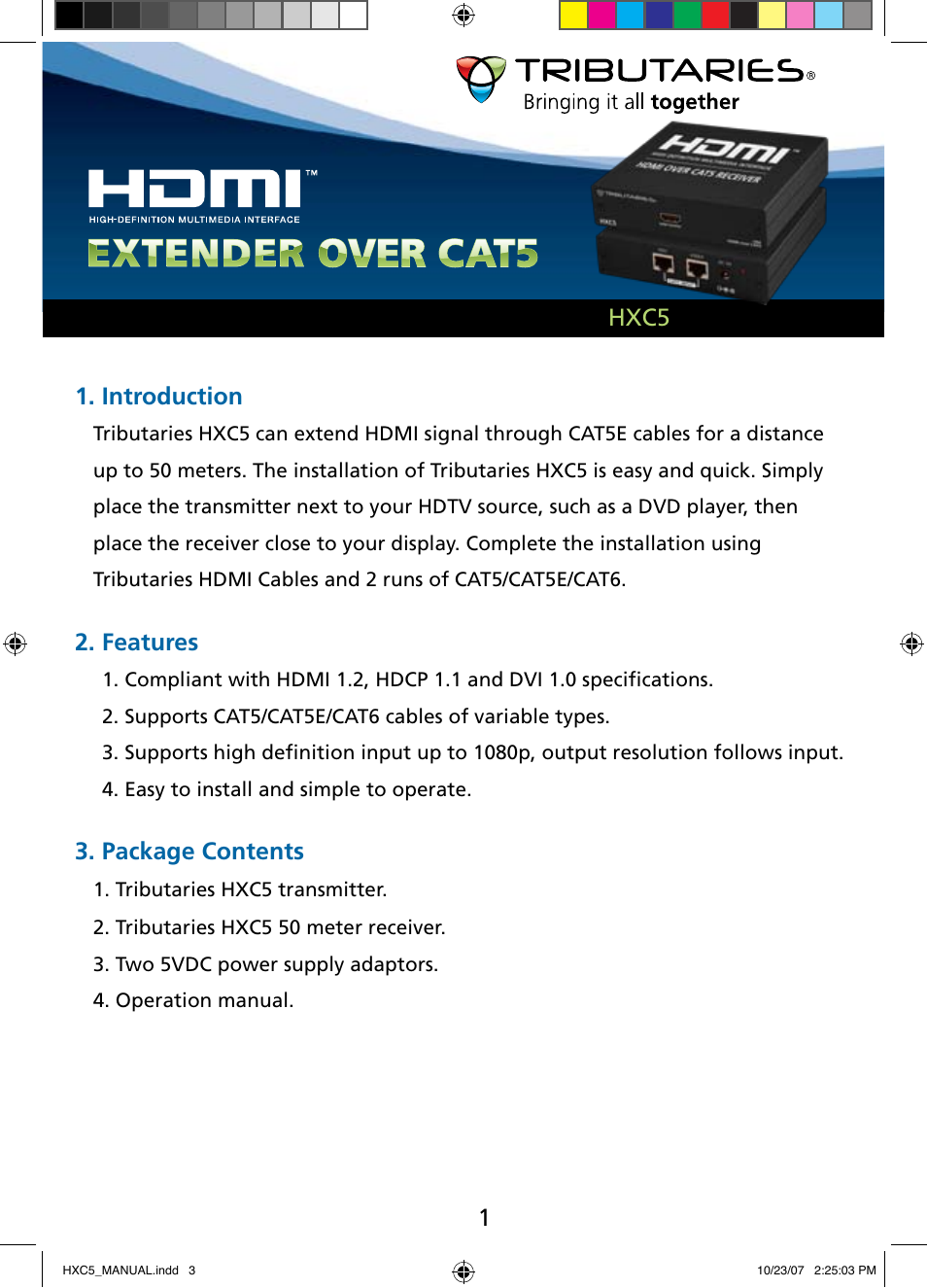 1hxc5 1. introduction, Features, Package contents | Tributaries HDMI HXC5 User Manual | Page 3 / 8